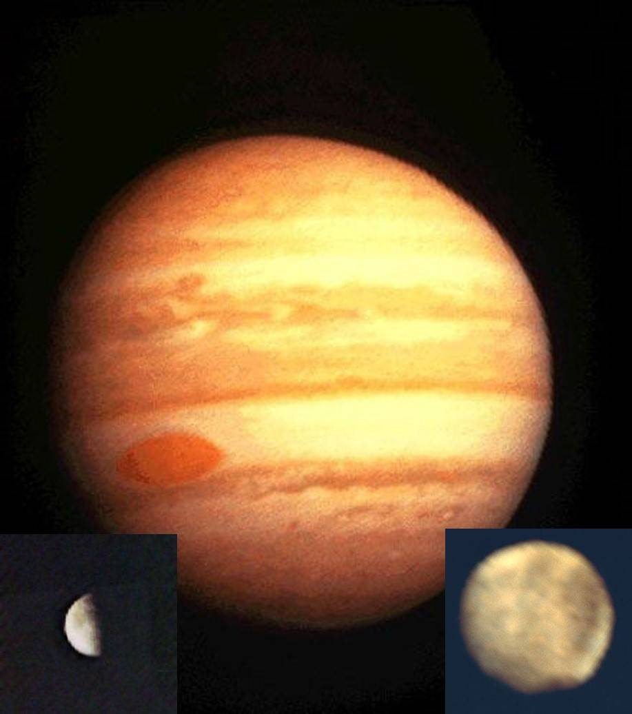 Pioneer 10 images of Jupiter and its 2 largest moons, Europa(left) and Ganymede(right) (Not according to a scale)
