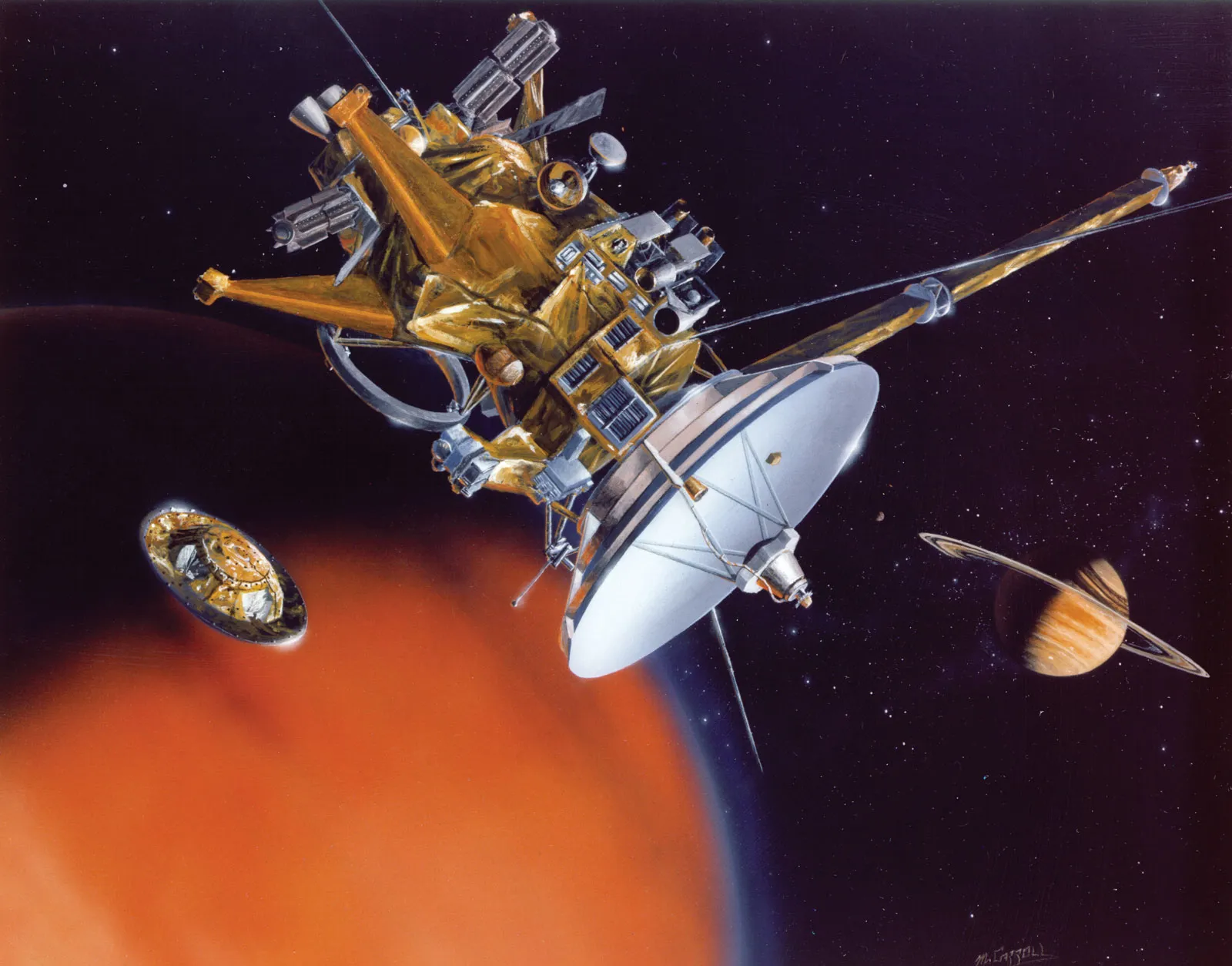An artist's conception of the Huygens probe separating from the Cassini orbiter and beginning its descent into the atmosphere of Titan
